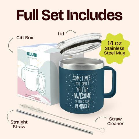 KLUBI navy 14oz mug on desk conveys professional vibe with a personal touch