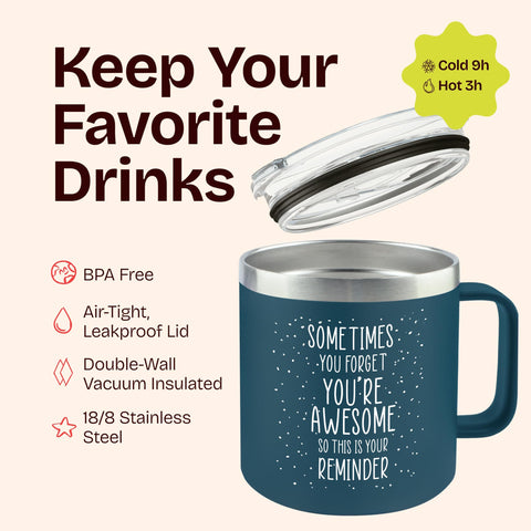 KLUBI navy 14oz mug product shot with a steaming cup inviting warm coffee moments