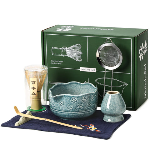 Klyoca ceramic blue matcha bowl for smooth pouring and tasting ritual.