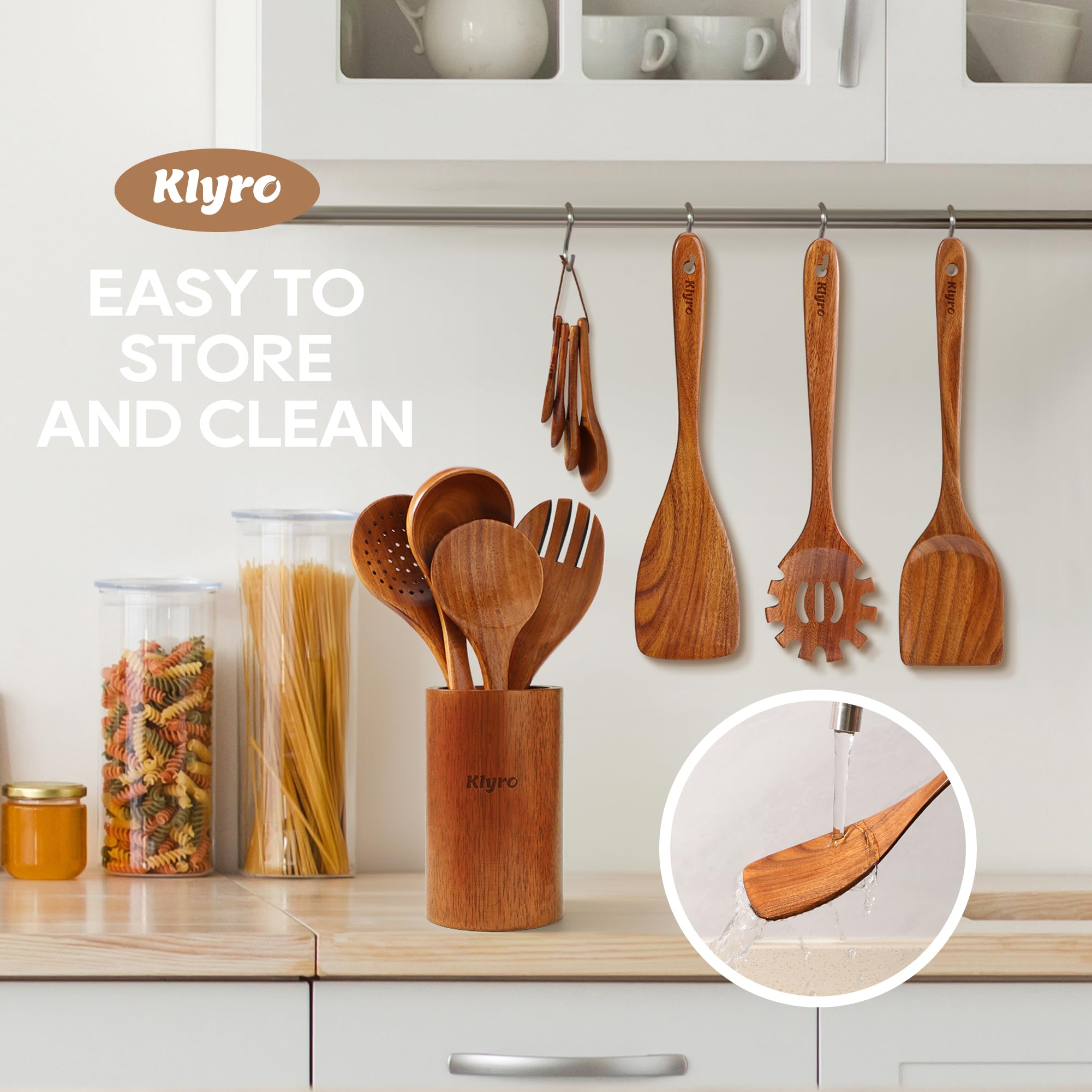 KLYRO wooden utensil holder with drainage holes to keep tools dry