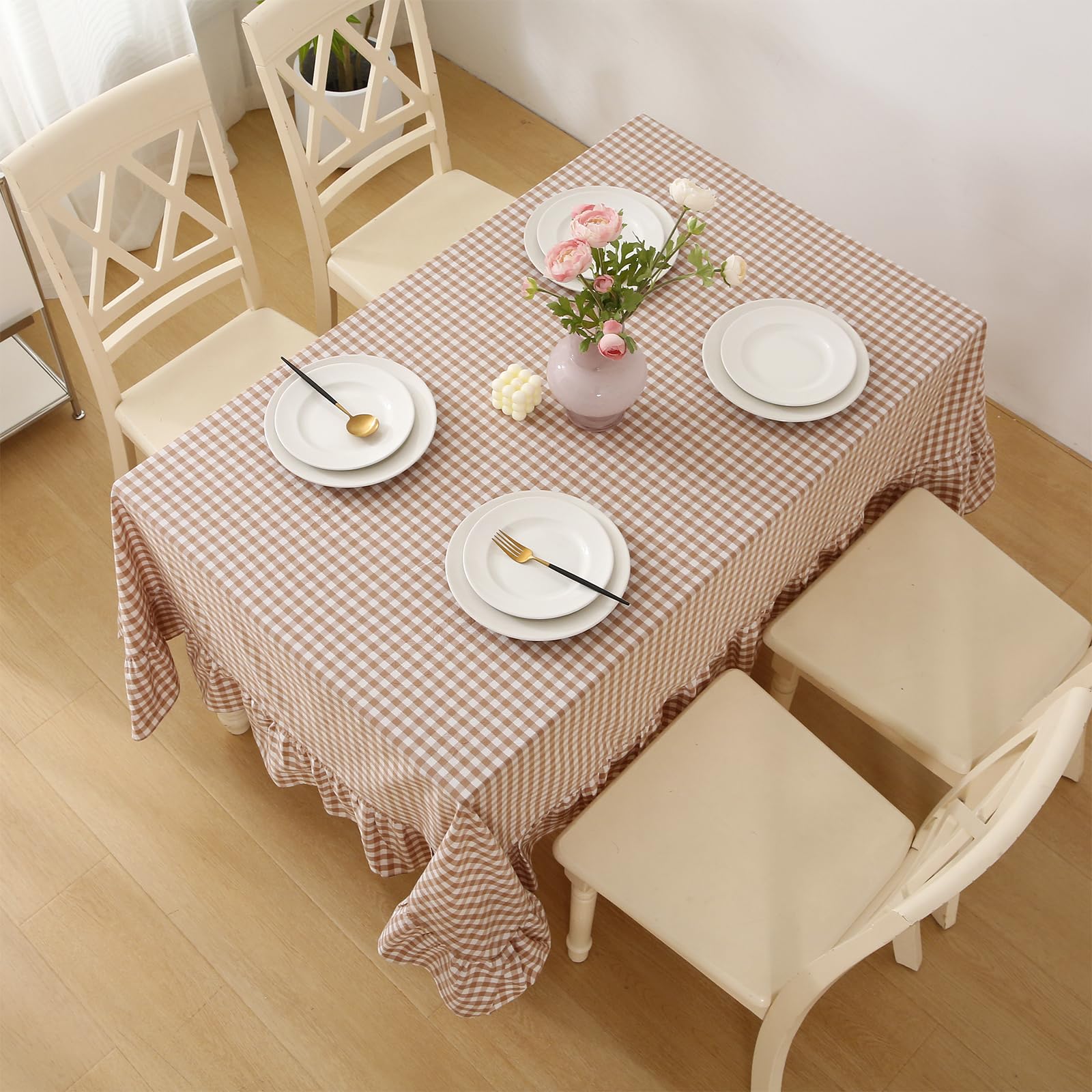 K MASANIJI taupe-white dining tablecloth drapes over a 120x60 setup.