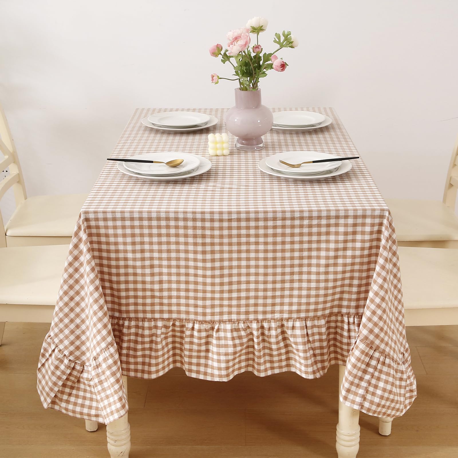K MASANIJI taupe-white gingham tablecloth with ruffled edge for elegant dining.