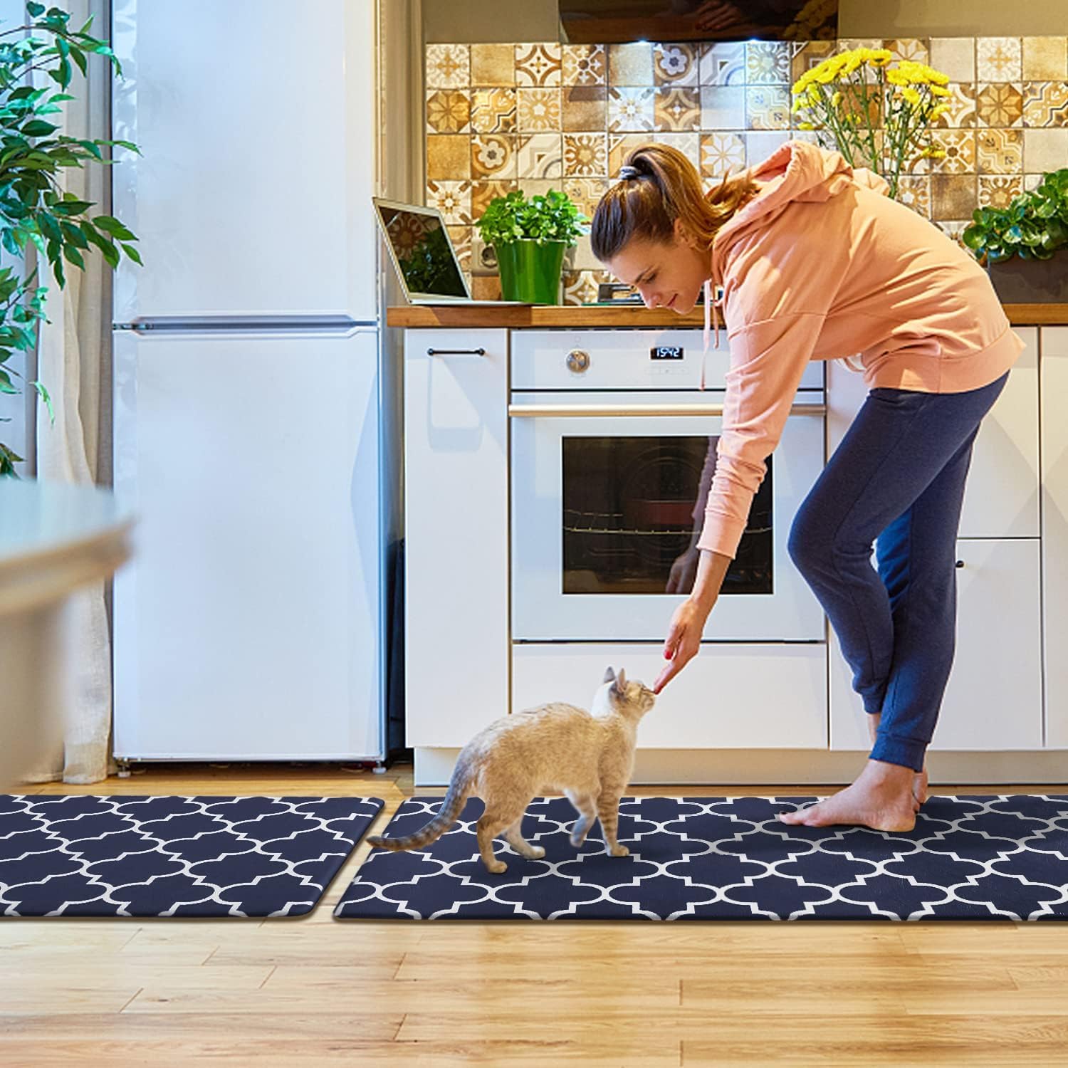 KMAT blue mat in use in kitchen boosts comfort during busy tasks