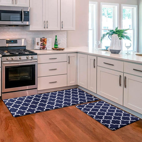 KMAT blue 47-inch rectangle kitchen mat cushions feet during long cooking