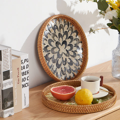Kmelep boho tray with pearl inlays adds decorative appeal.