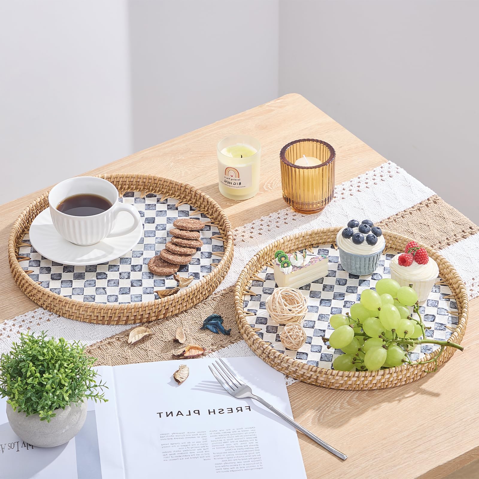 Kmelep rattan serving tray on wooden base ideal for snacks and breads
