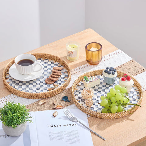Kmelep rattan serving tray on wooden base ideal for snacks and breads
