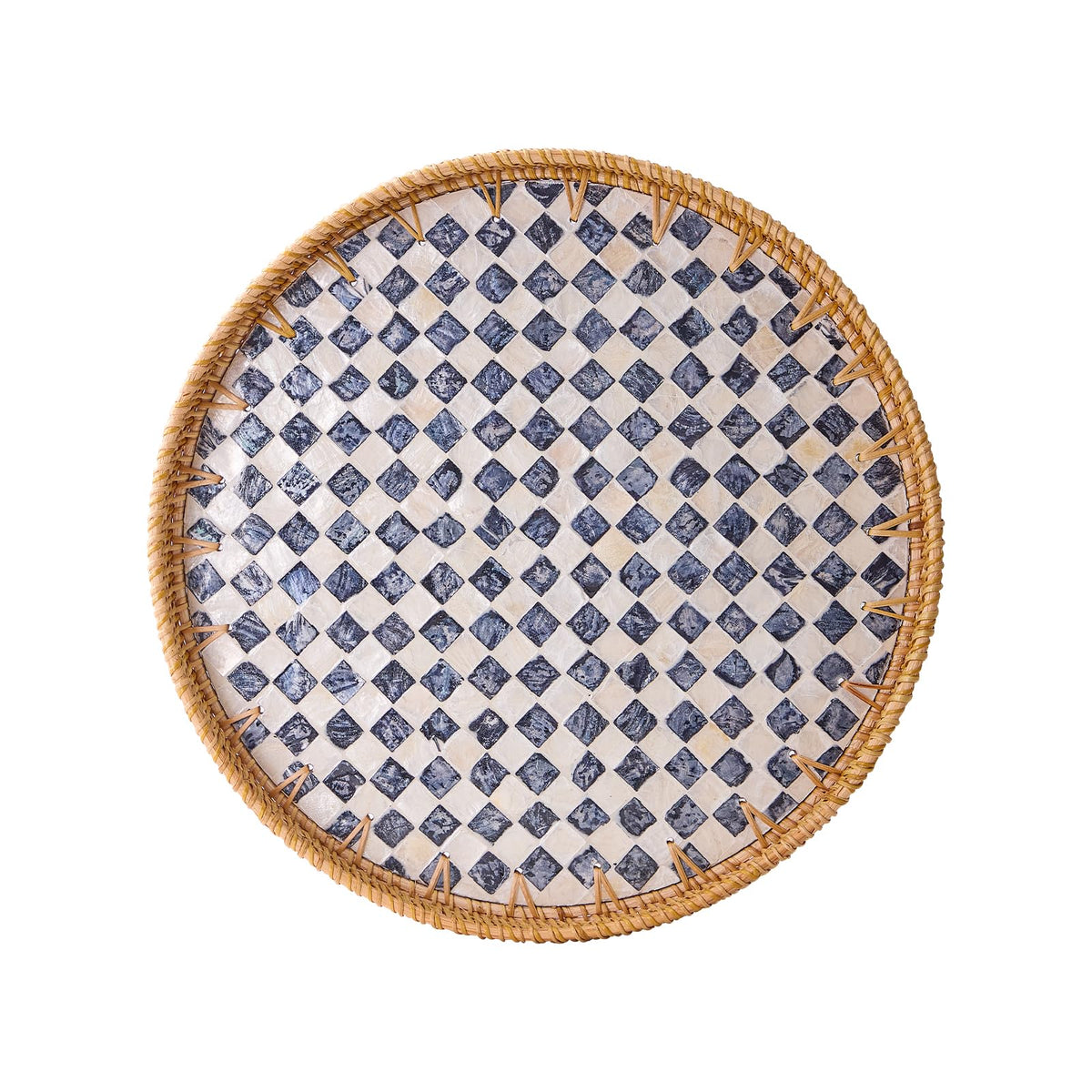 Kmelep round rattan tray with mother of pearl inlay for elegant table decor