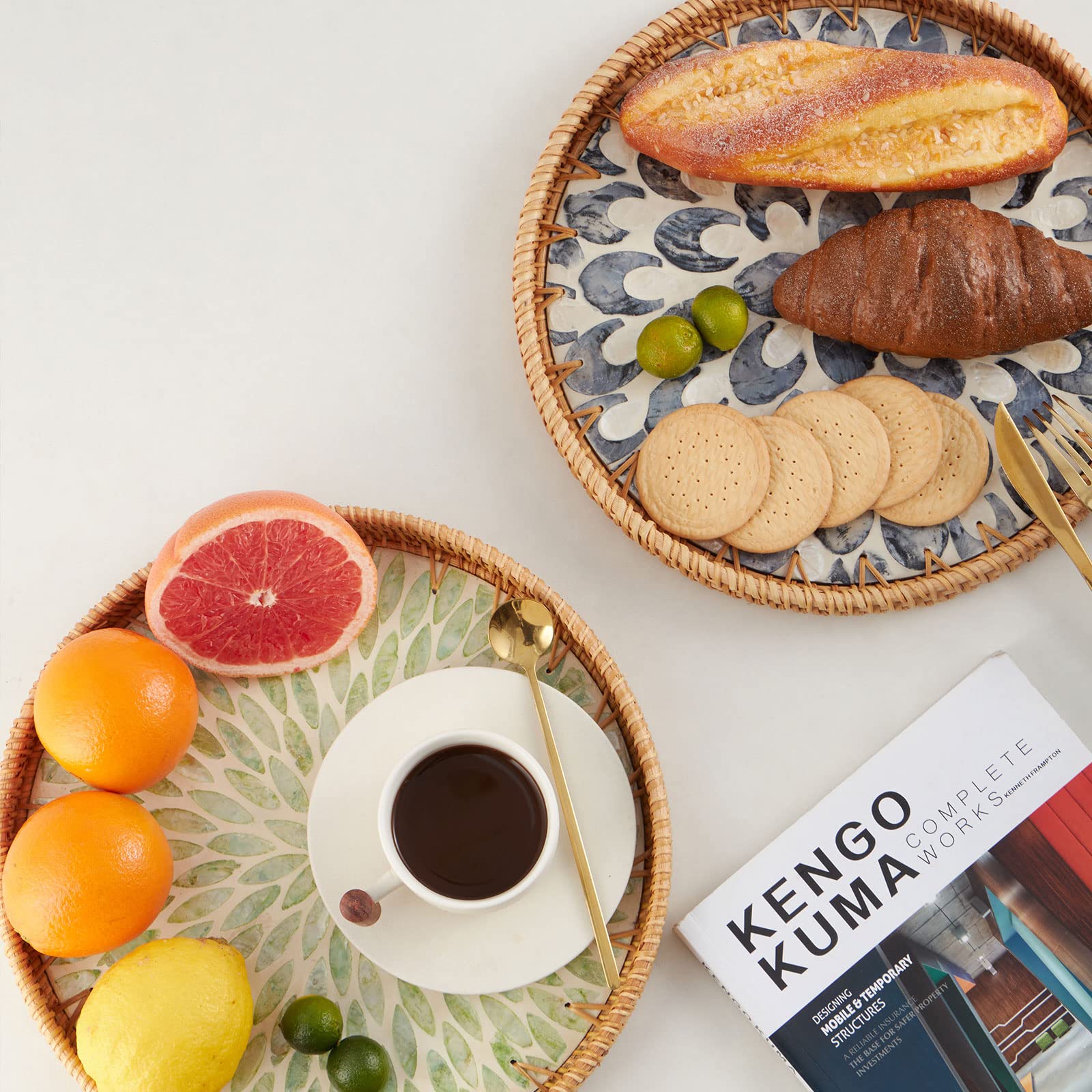 Kmelep rattan tray on wooden base enhances kitchen organization.