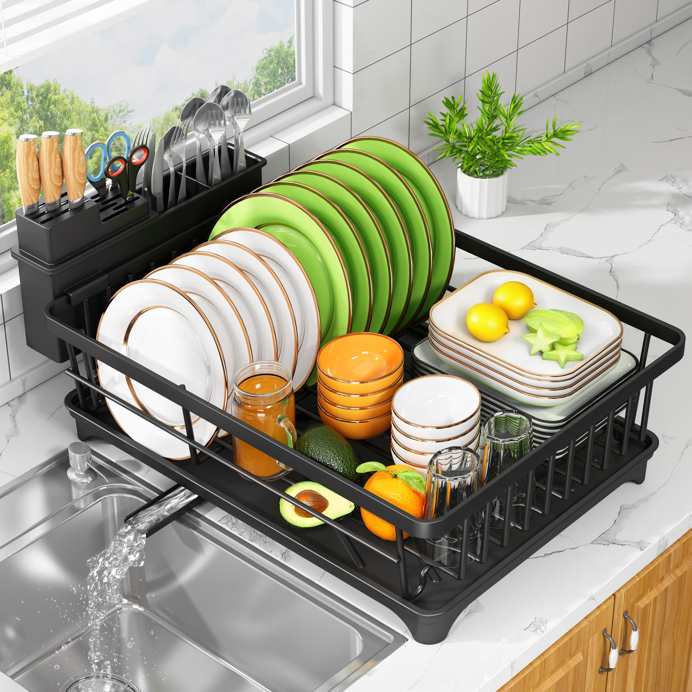 Kmiectse dish drying rack compact design on counter saves space and keeps dishes organized.