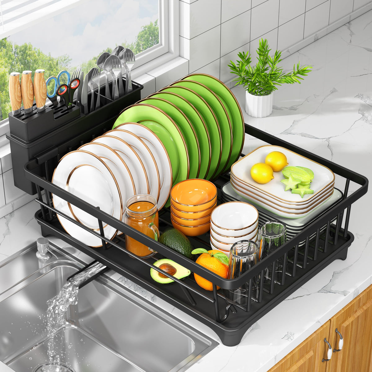 Kmiectse dish drying rack compact design on counter saves space and keeps dishes organized.