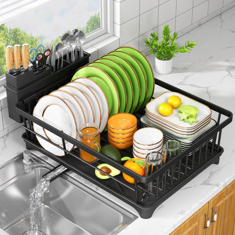 Kmiectse dish drying rack compact design on counter saves space and keeps dishes organized.