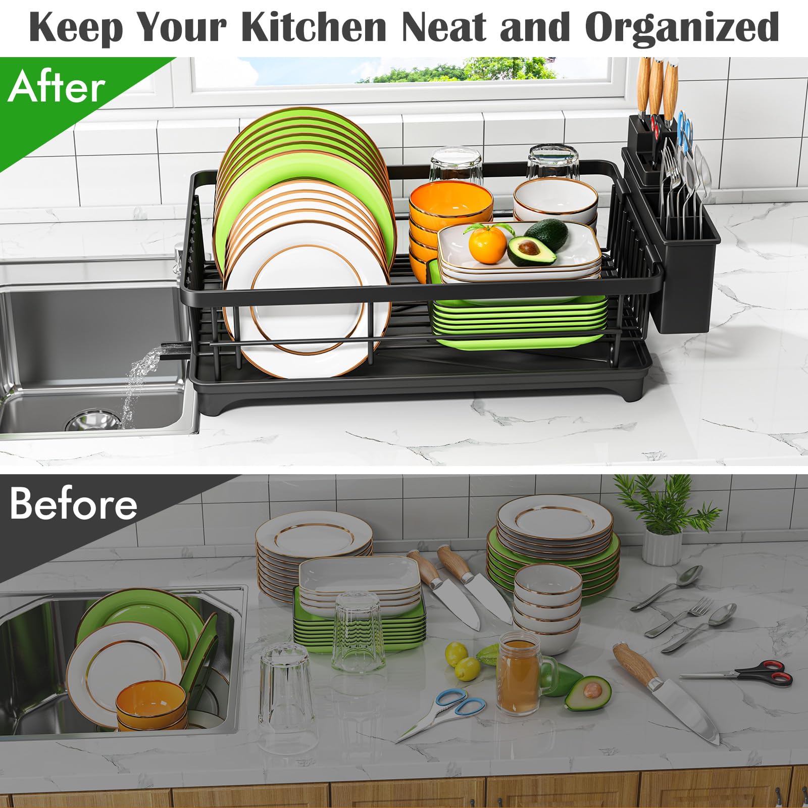 Kmiectse dish rack in black fits modern countertops and small kitchens.