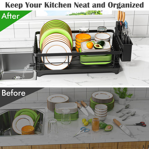 Kmiectse dish rack in black fits modern countertops and small kitchens.