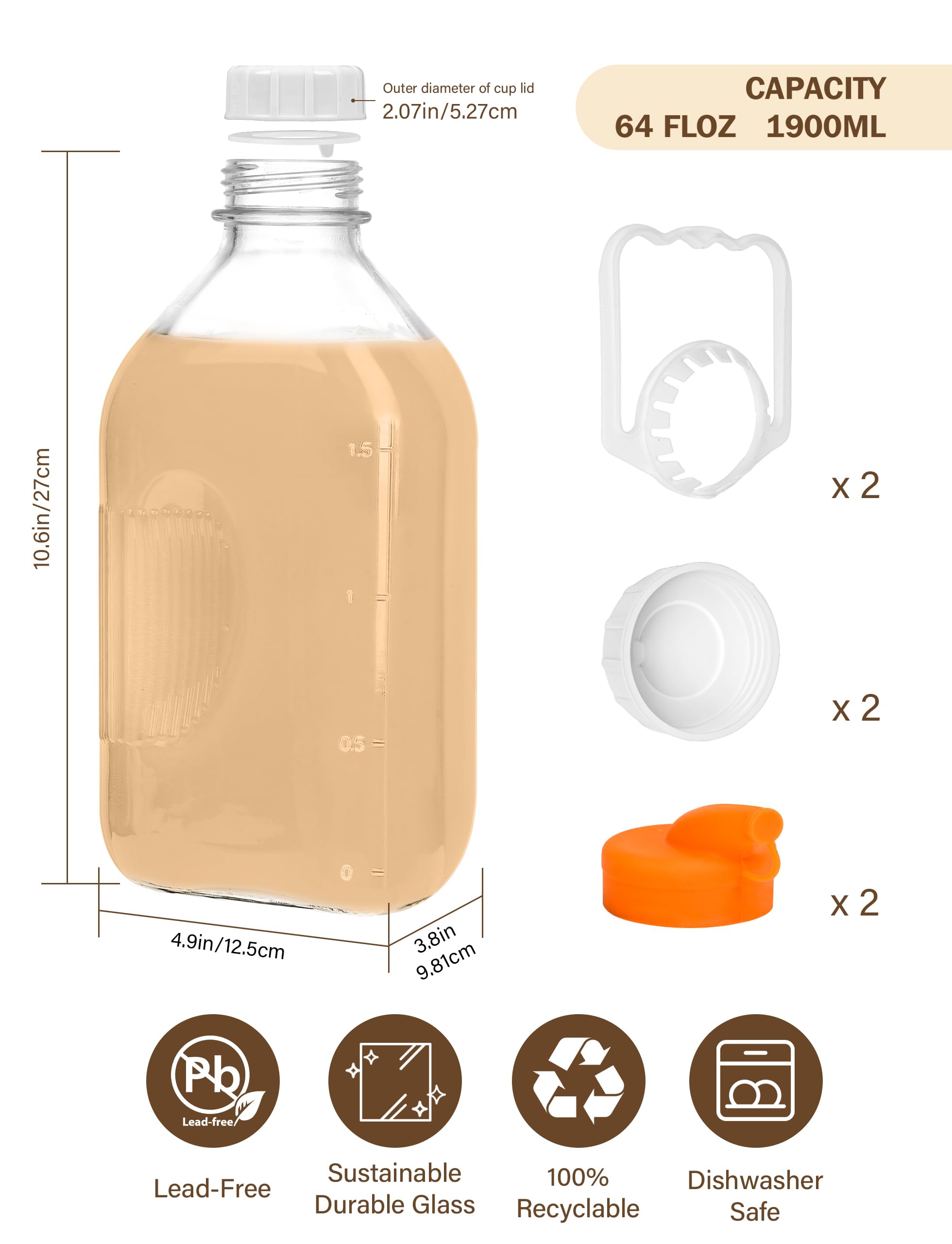 KMIGRUAN 64oz glass bottle with lid for juice and water on busy days.