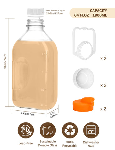 KMIGRUAN 64oz glass bottle with lid for juice and water on busy days.