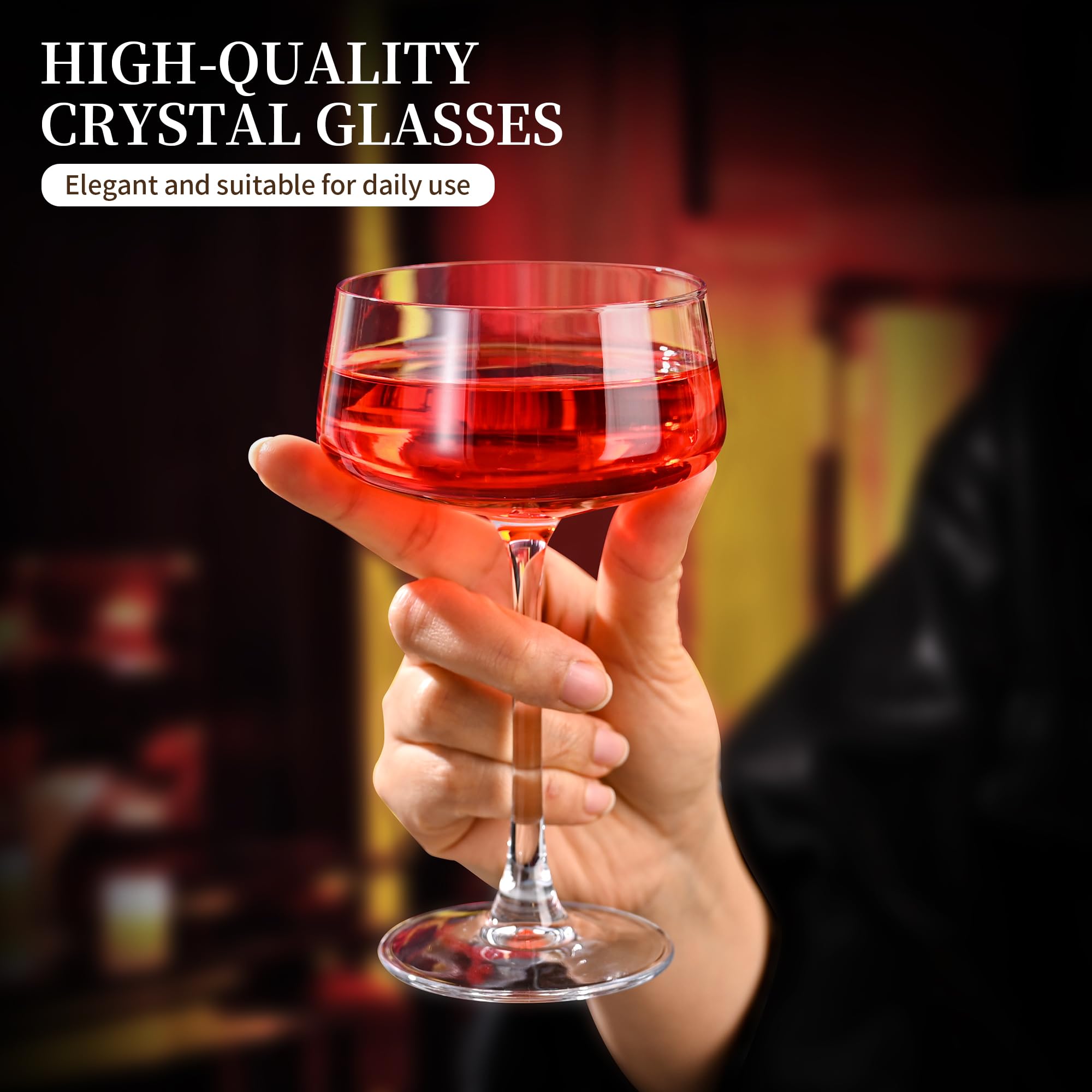 KMIGRUAN crystal coupe glass with ergonomic stem for comfortable sipping.