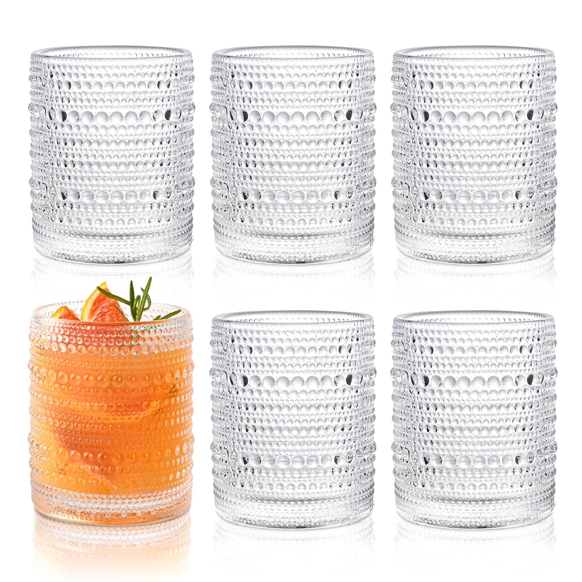KMIGRUAN Hobnail drinking glasses set of 6 on table showing 12oz capacity