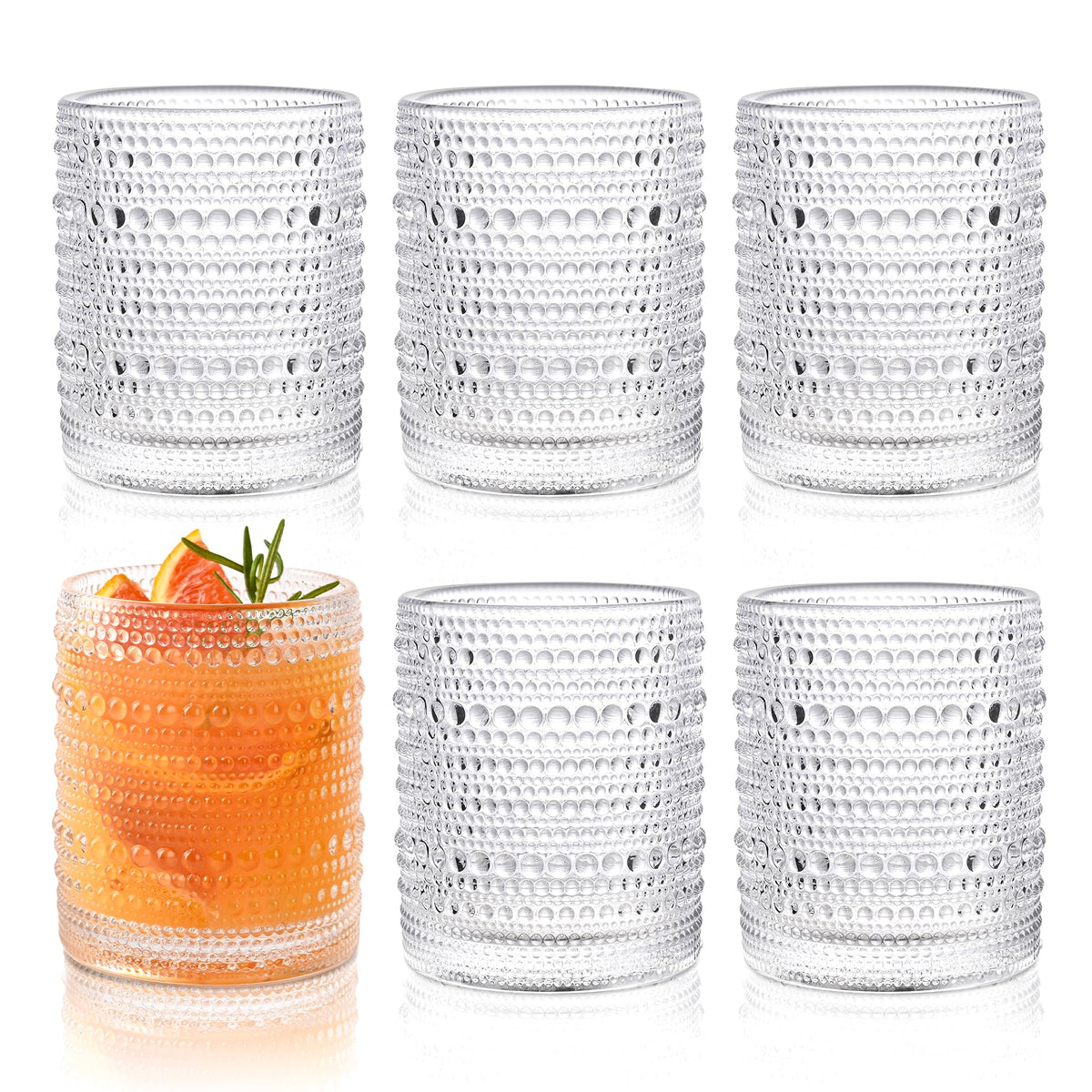 KMIGRUAN Hobnail drinking glasses set of 6 on table showing 12oz capacity