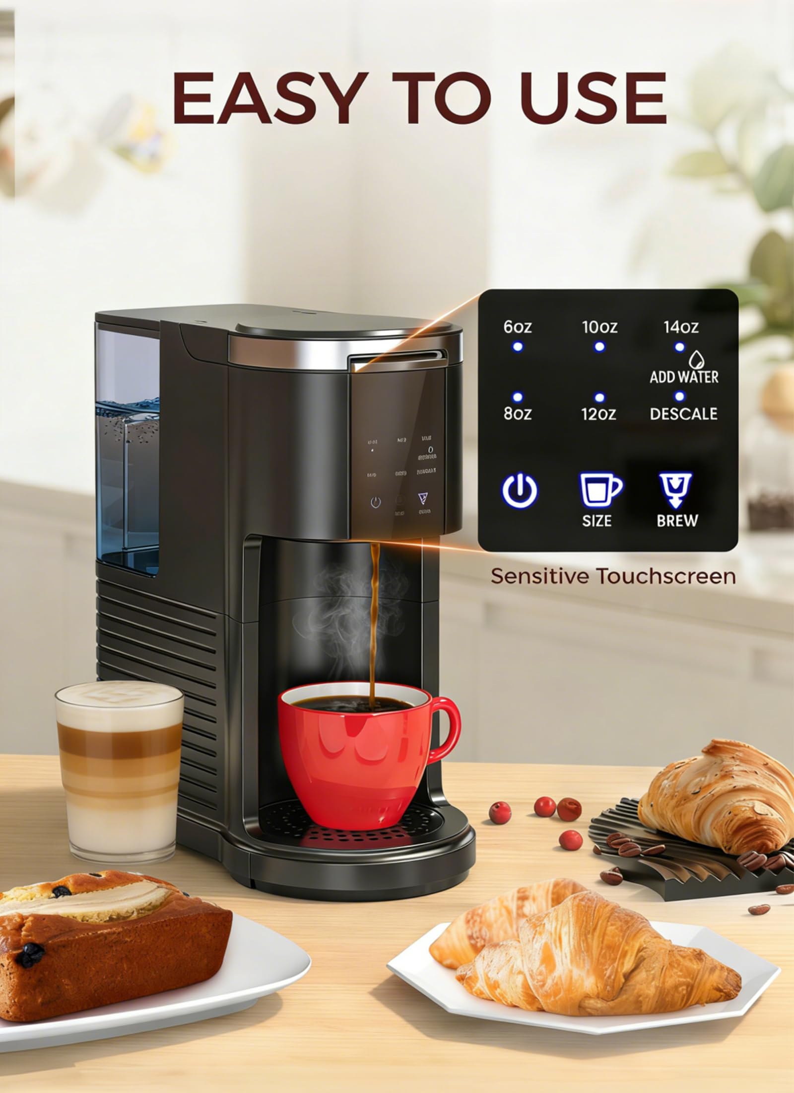 Kndko 40 oz removable water reservoir for multiple brews.