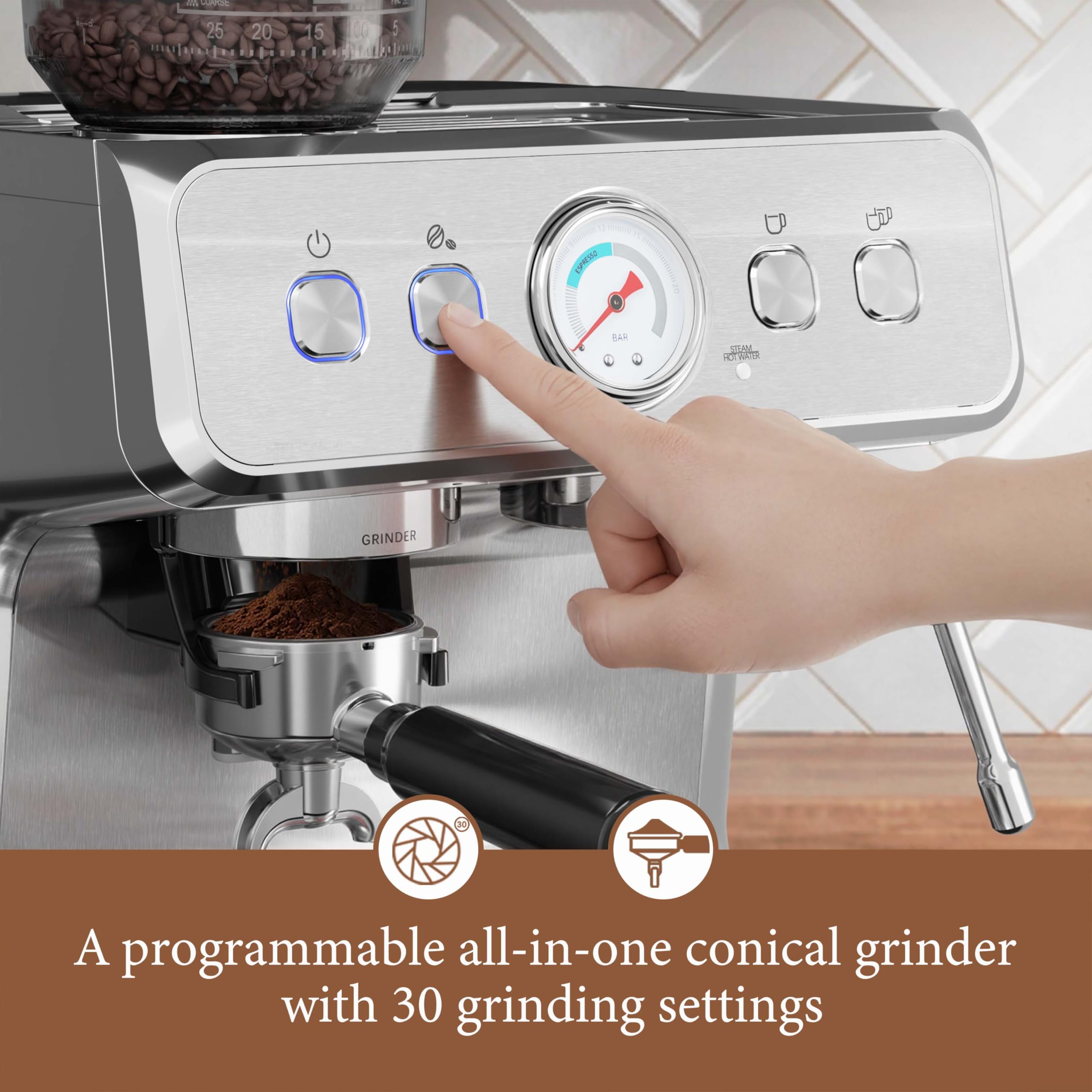 Kndko espresso machine removable water tank for quick refills.