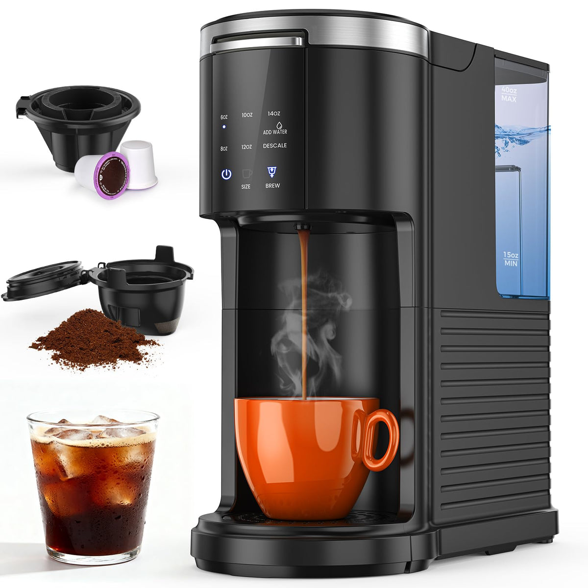 Kndko single-serve coffee maker front view, space-saving design for small kitchens.