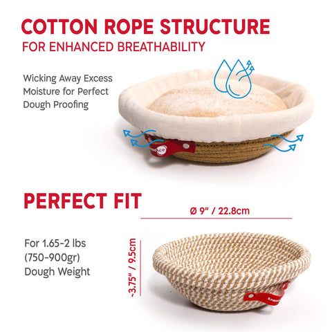 KneadAce cotton rope banneton liner close-up for easy cleaning.