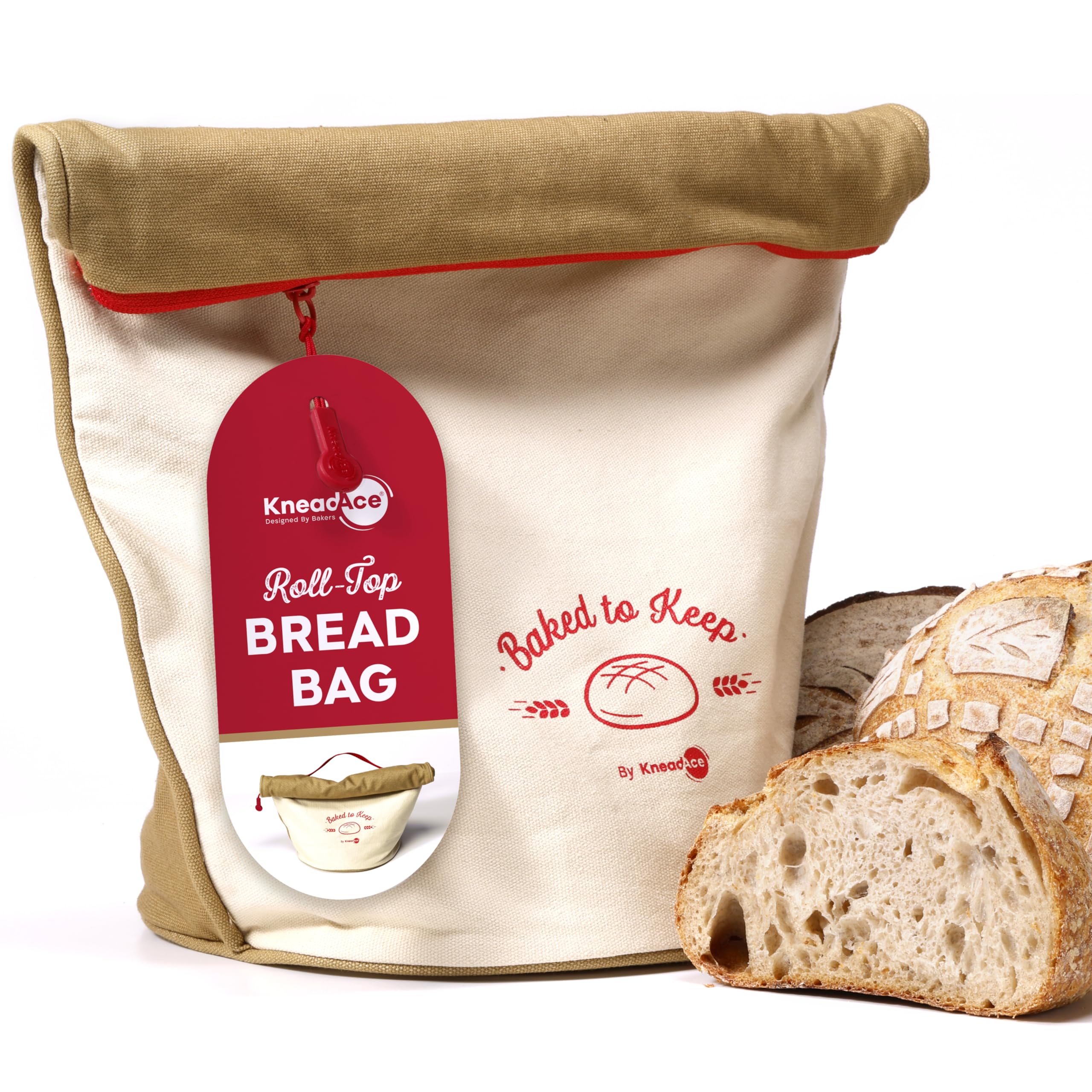 KNEADACE bread bag roll-top open shows adjustable size for any loaf
