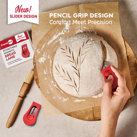 KNEADACE magnetic blade holder keeps blades in place during clean, controlled scoring.