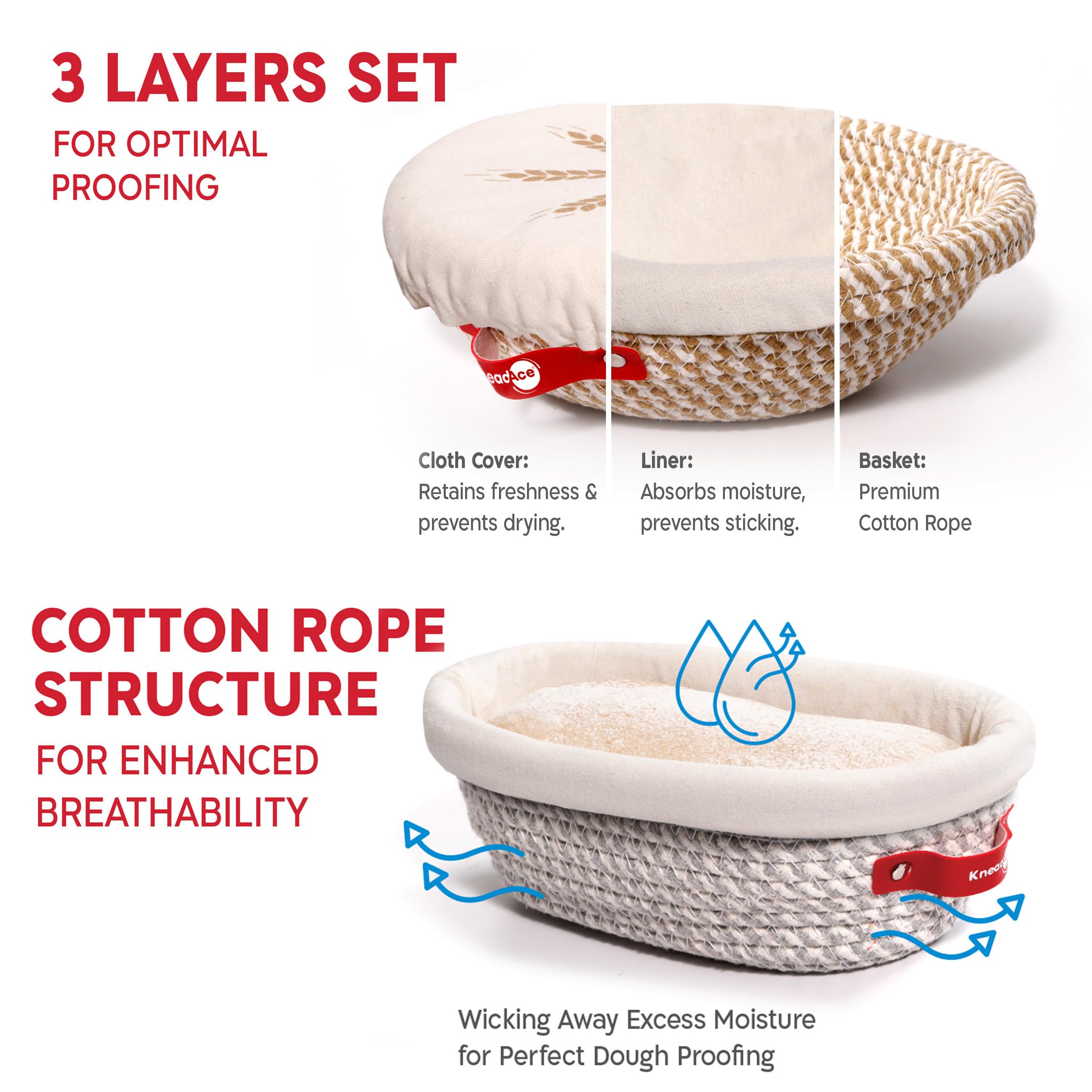 KNEADACE oval banneton basket with cotton rope for oval loaf proofing.