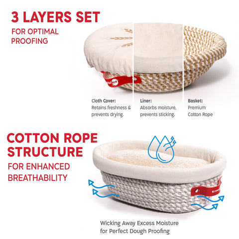 KNEADACE oval banneton basket with cotton rope for oval loaf proofing.