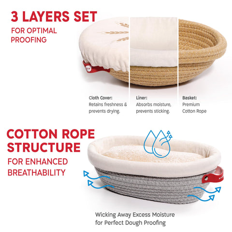 Oval cotton rope proofing basket shapes dough for different loaf profiles.