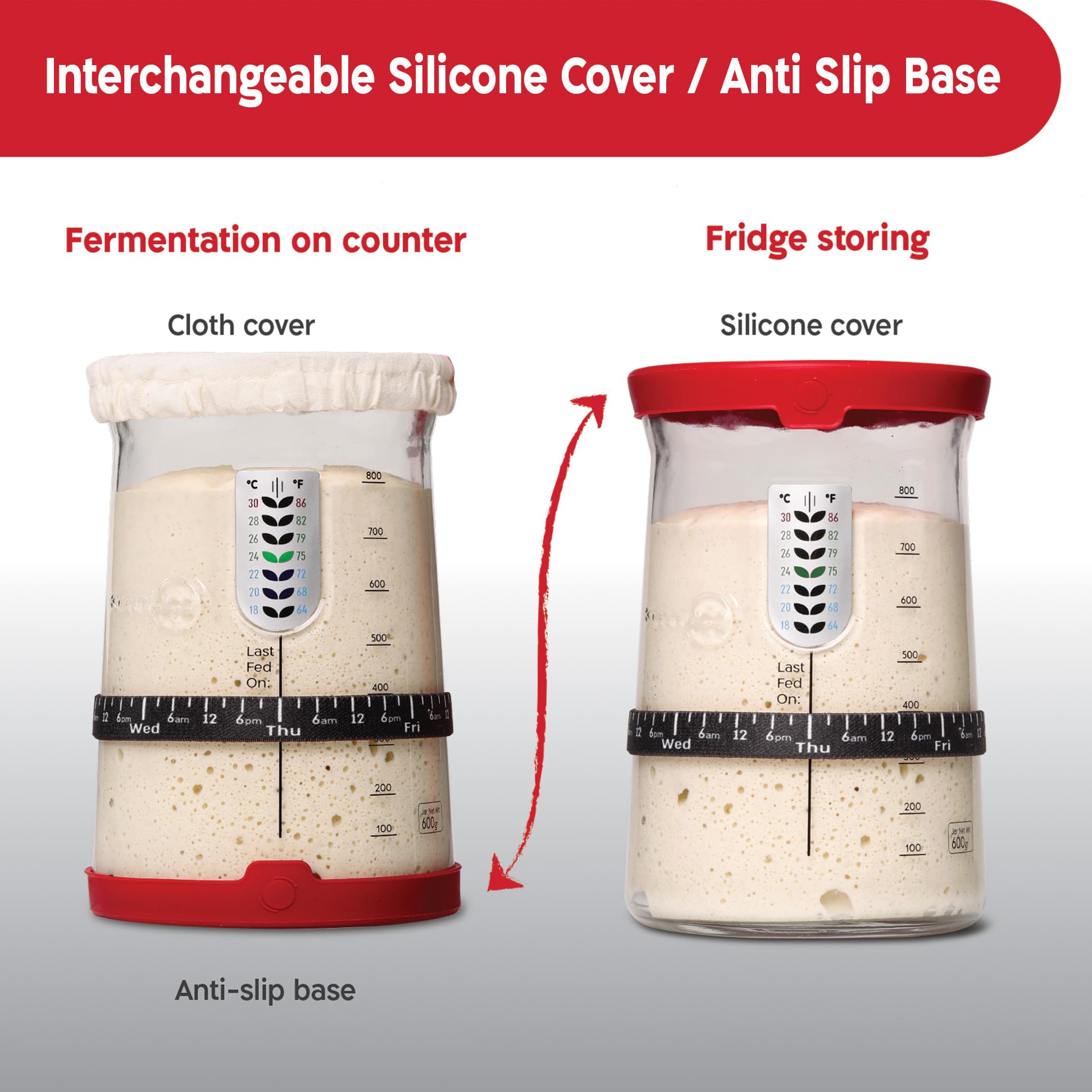KNEADACE Pro jar with feeding marks helps track feed schedule.