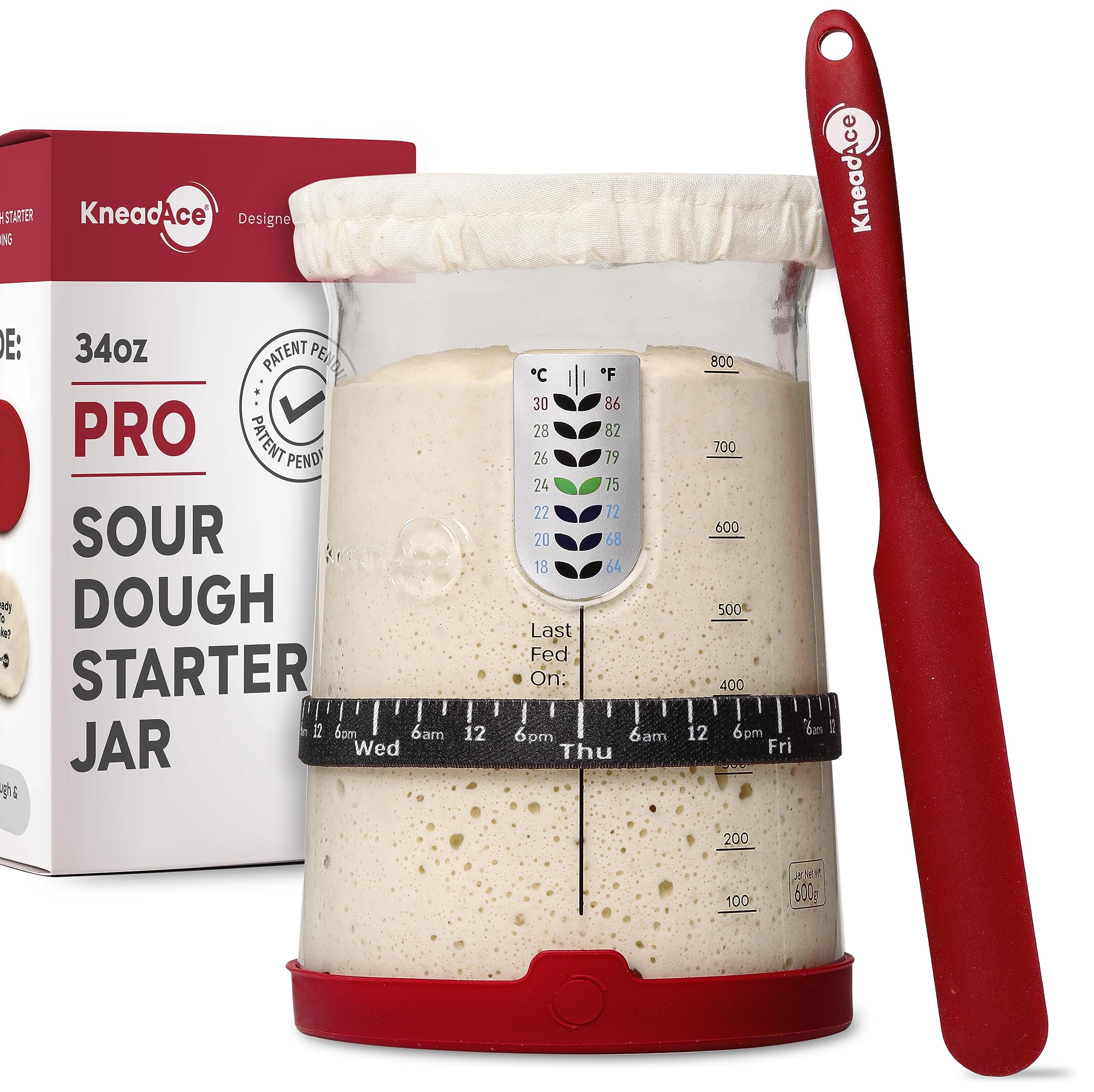 KNEADACE Pro sourdough starter jar front view with 34 oz capacity for steady fermentation.