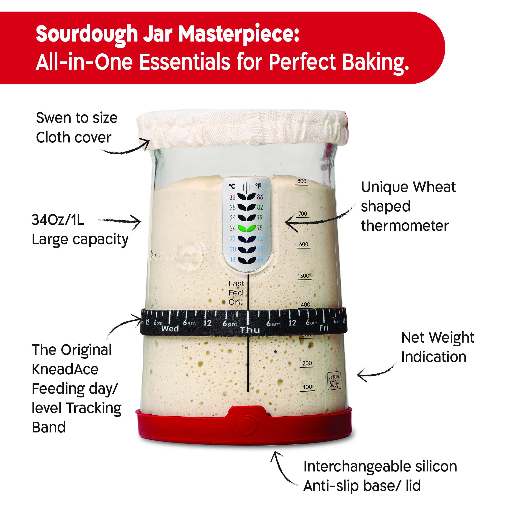 KNEADACE Pro sourdough jar funnel opening demonstrates easy handling.