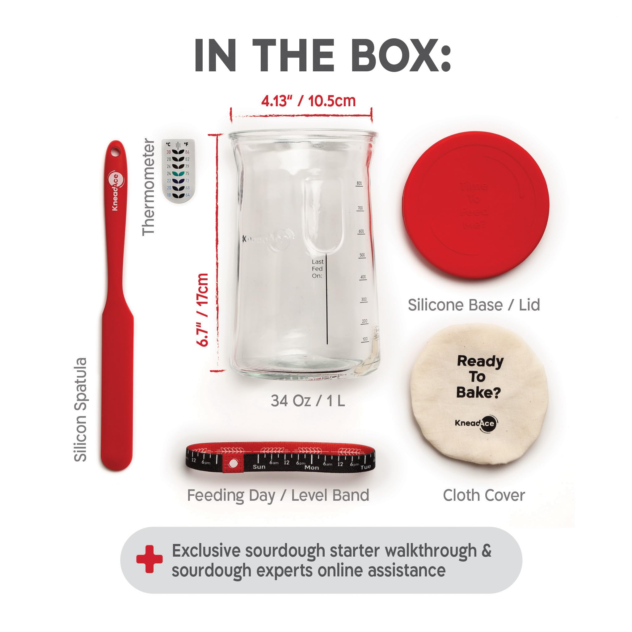 KNEADACE Pro starter kit contents including thermometer and spatula simplify baking prep.