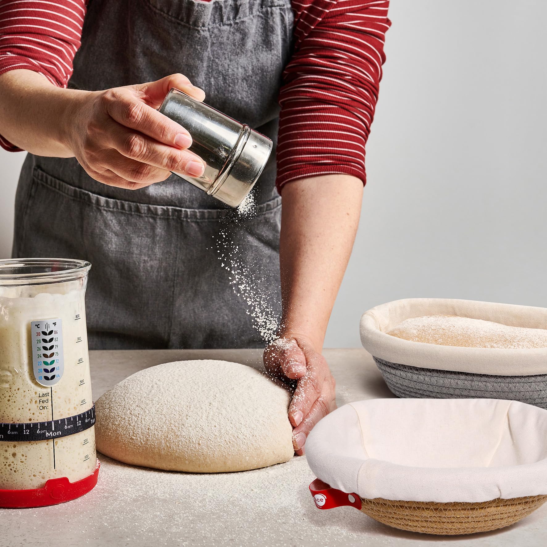 KneadAce proofing basket set with liner and cover for versatile kitchen storage.