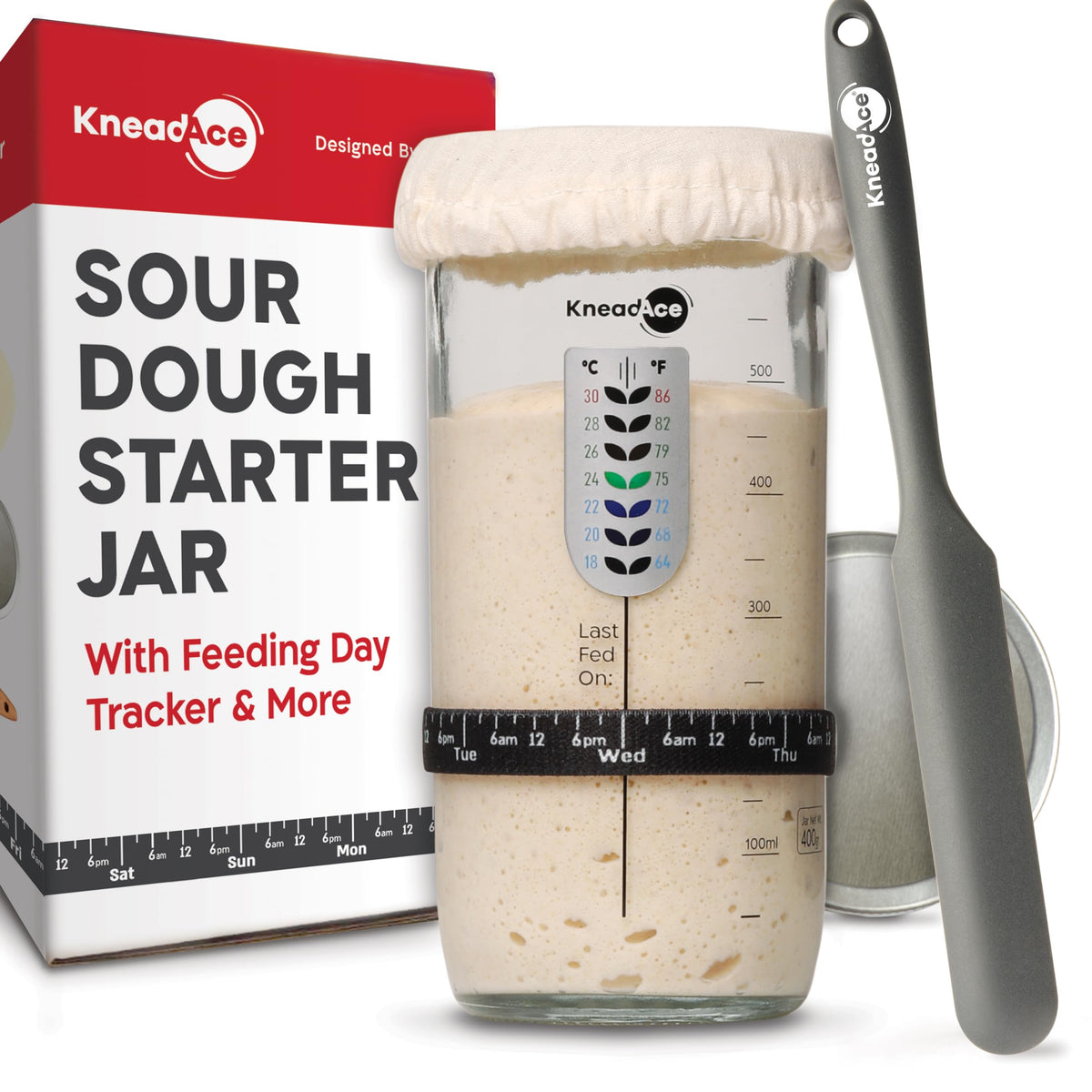 KneadAce wide mouth sourdough starter jar for easy feeding and cleaning.