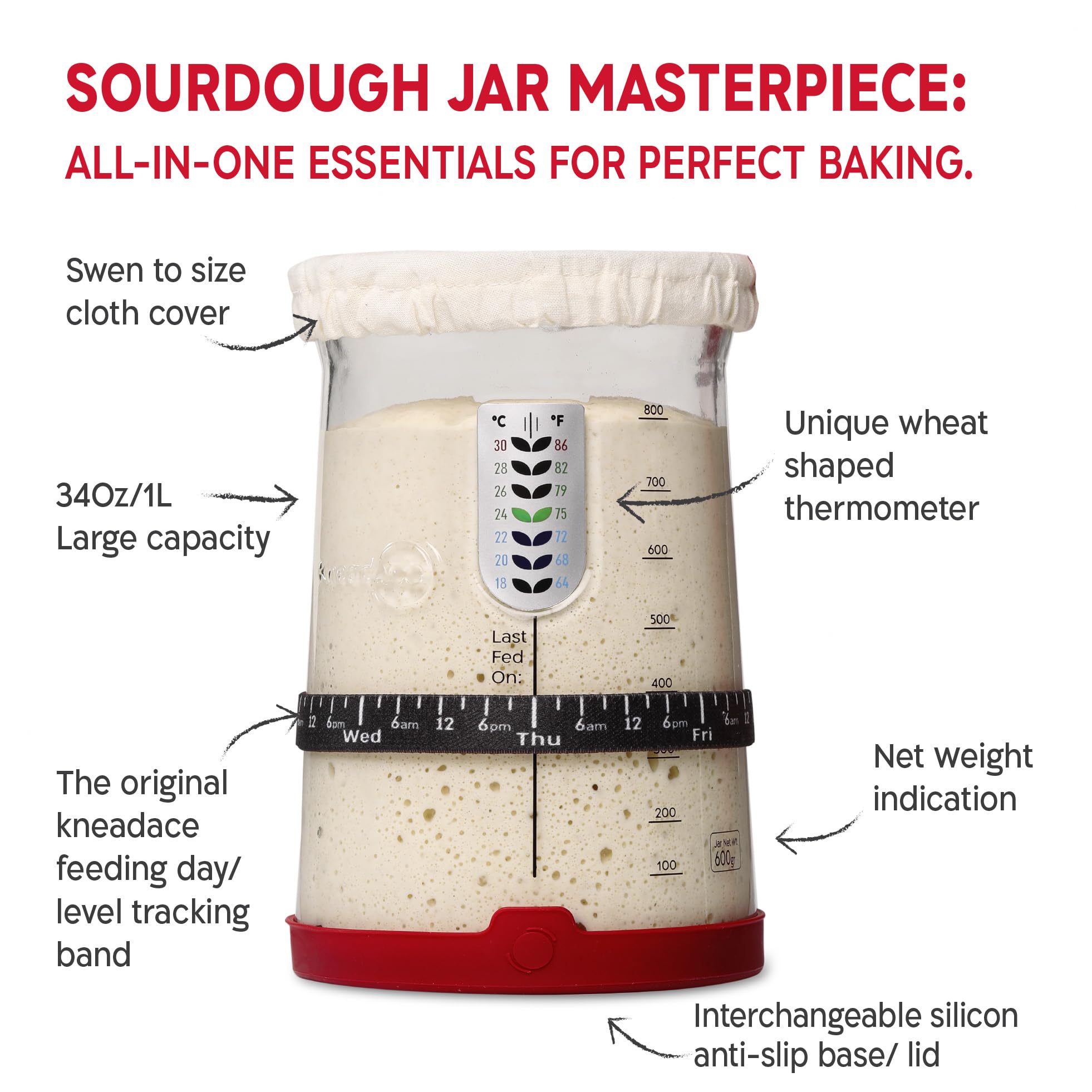 KNEADACE thermometer for monitoring starter and dough temperature.