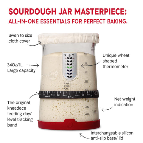 KNEADACE thermometer for monitoring starter and dough temperature.