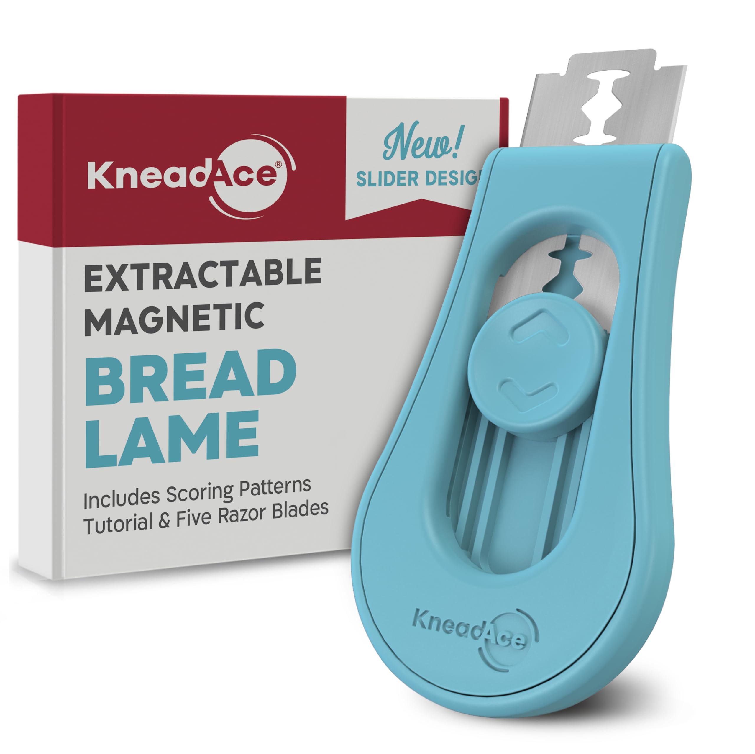 KNEADACE bread lame with sliding knob enables precise scoring on dough