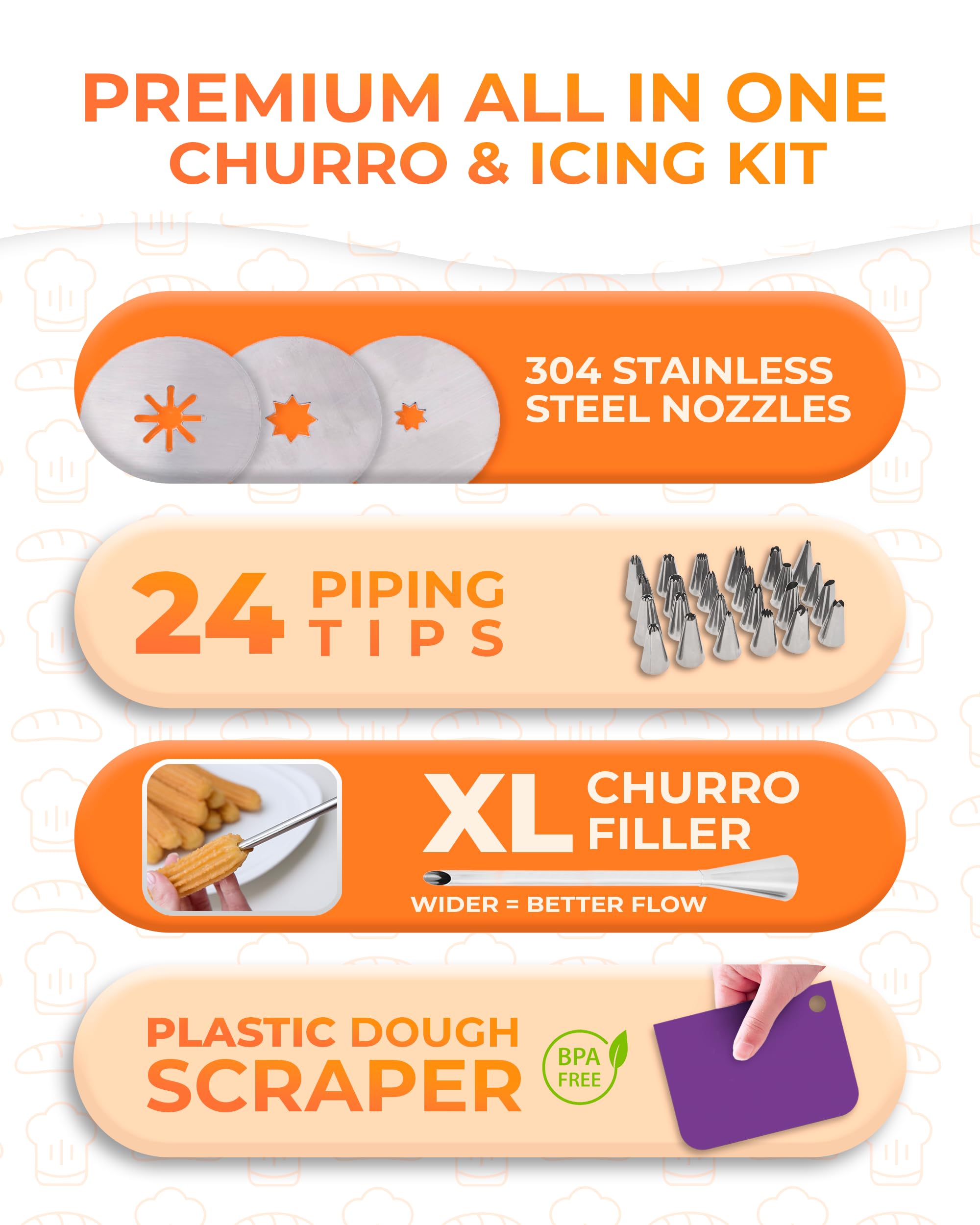 KneadEat Stainless steel filler nozzle enables smooth, mess-free churro filling.