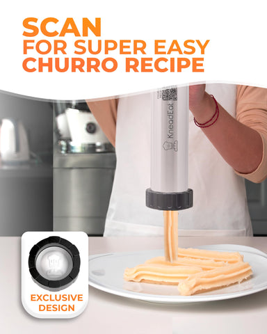 KneadEat Churro Maker QR recipe card guides quick at-home prep.