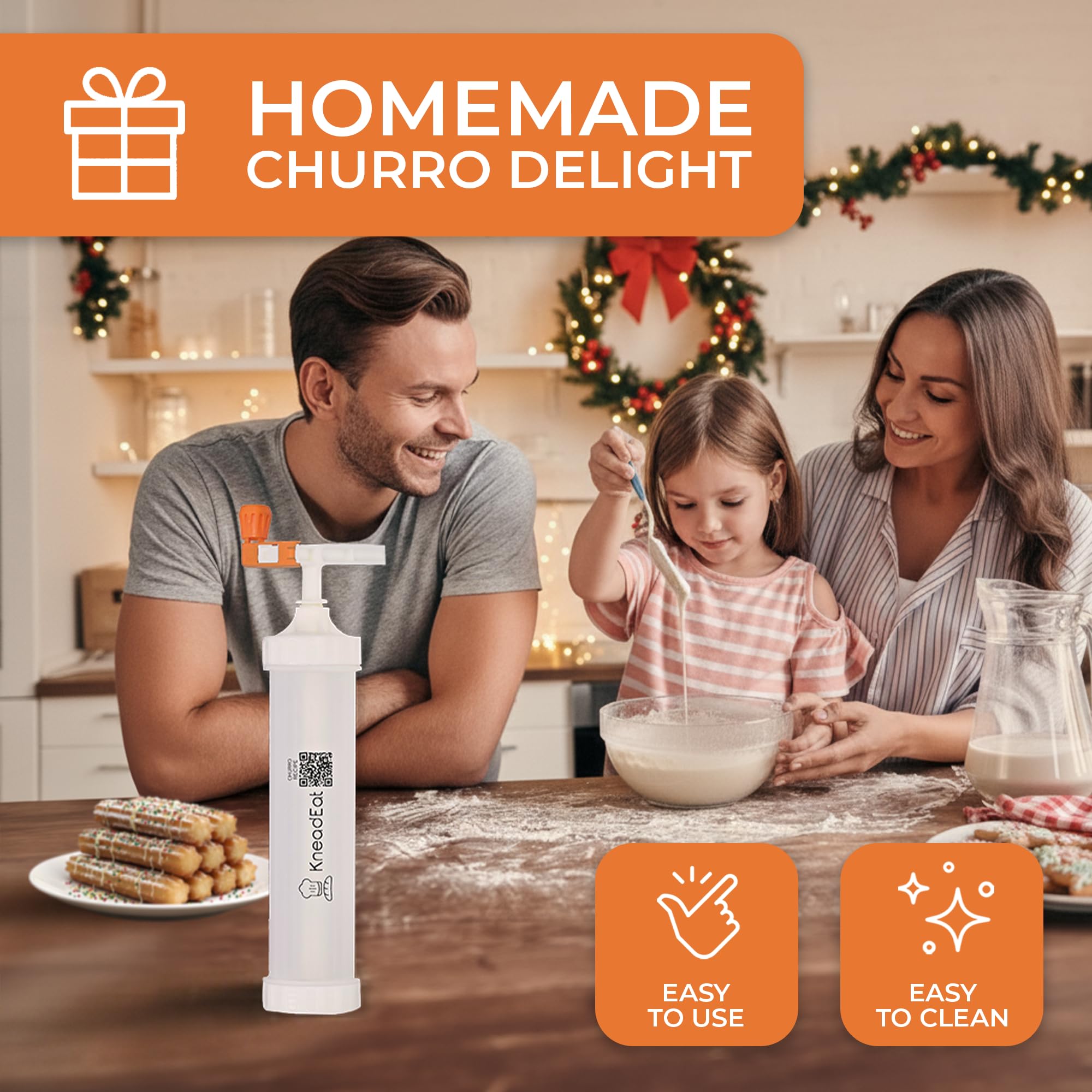KneadEat easy-clean accessories and brushes simplify cleanup after churro making.