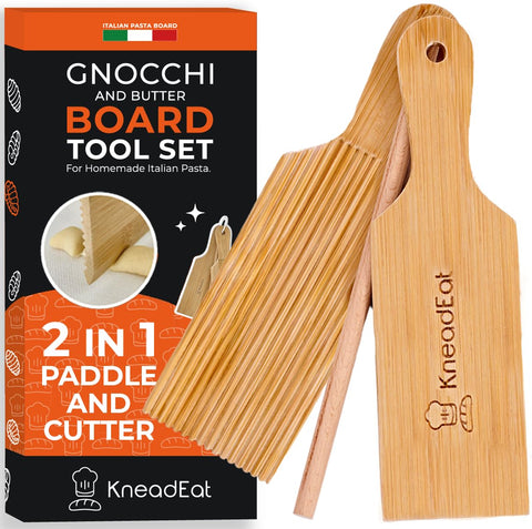 KneadEat gnocchi board with smooth surface for uniform dough shaping.