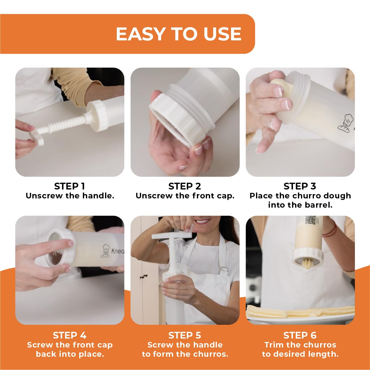 KneadEat QR recipe guide helps home bakers prep and fill churros effortlessly.