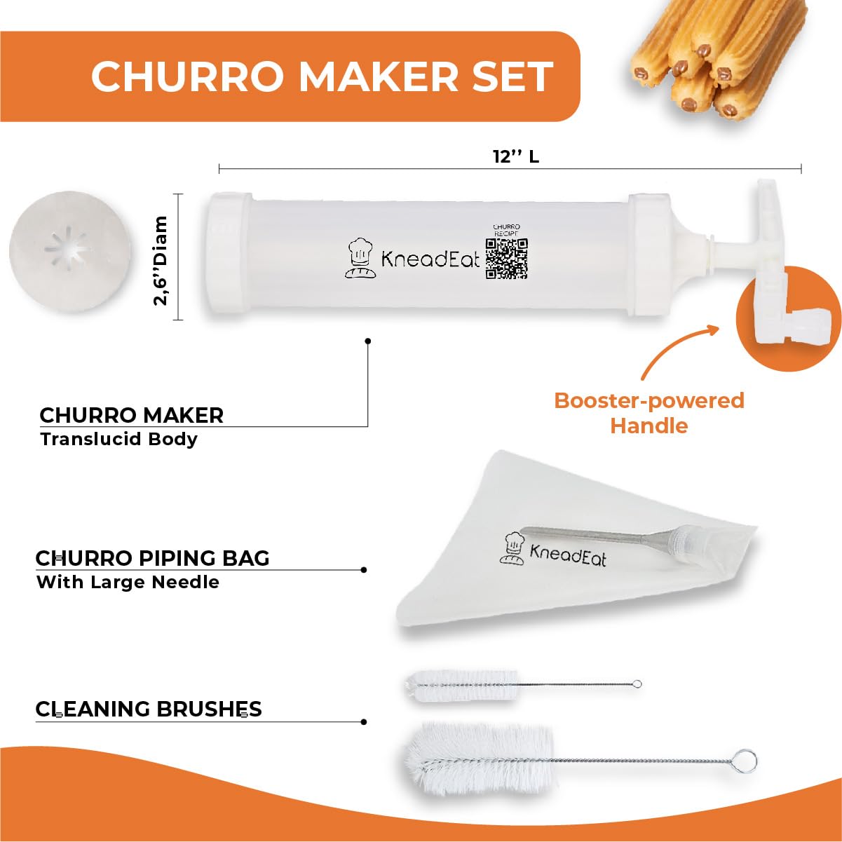 KneadEat stainless steel nozzle ensures durable churro forms and clean cuts.