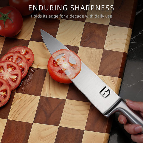 KnifeSaga 10-degree surgical edge blades gliding through ingredients