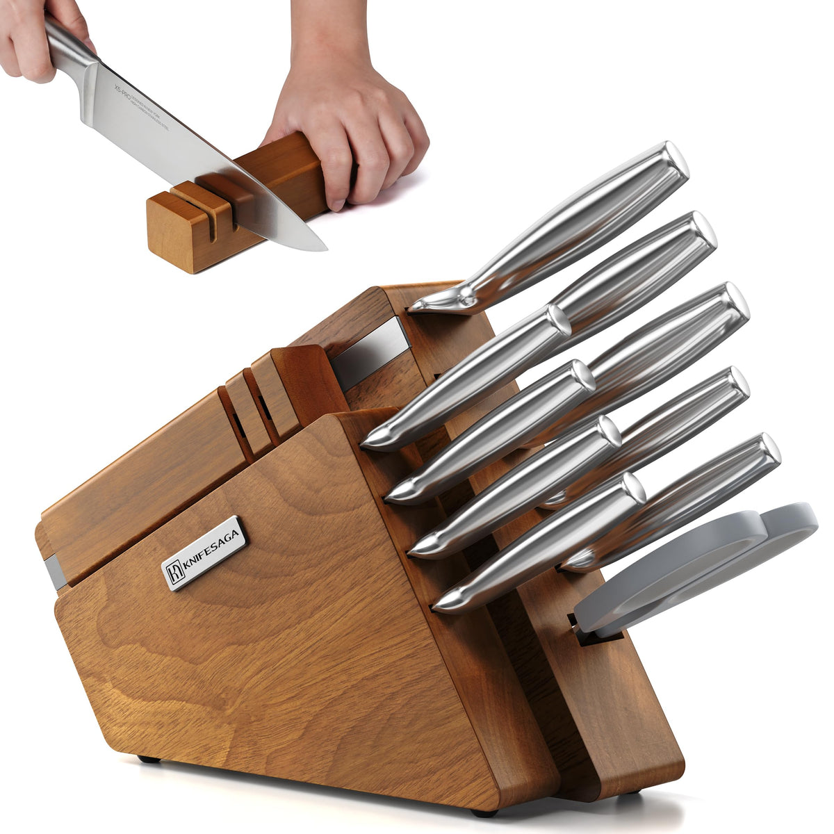 KnifeSaga 12-piece knife block set on counter for precise home prep