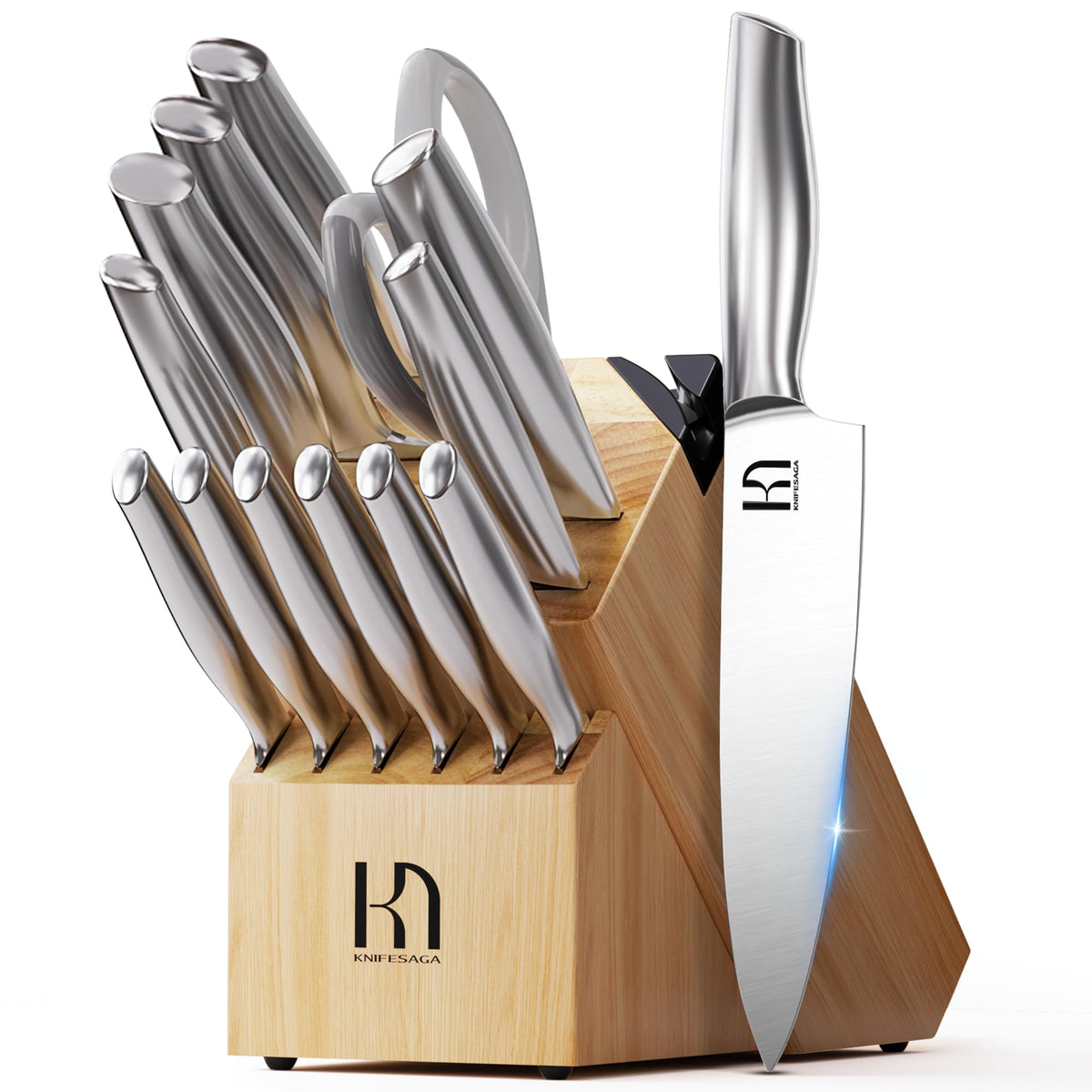 KnifeSaga 14-piece knife set in a block for organized kitchen prep.